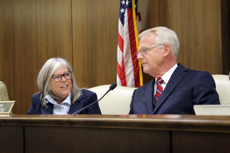 Two people with white hair and dark suit jackets sit in a courtroom with an American flag in the background.