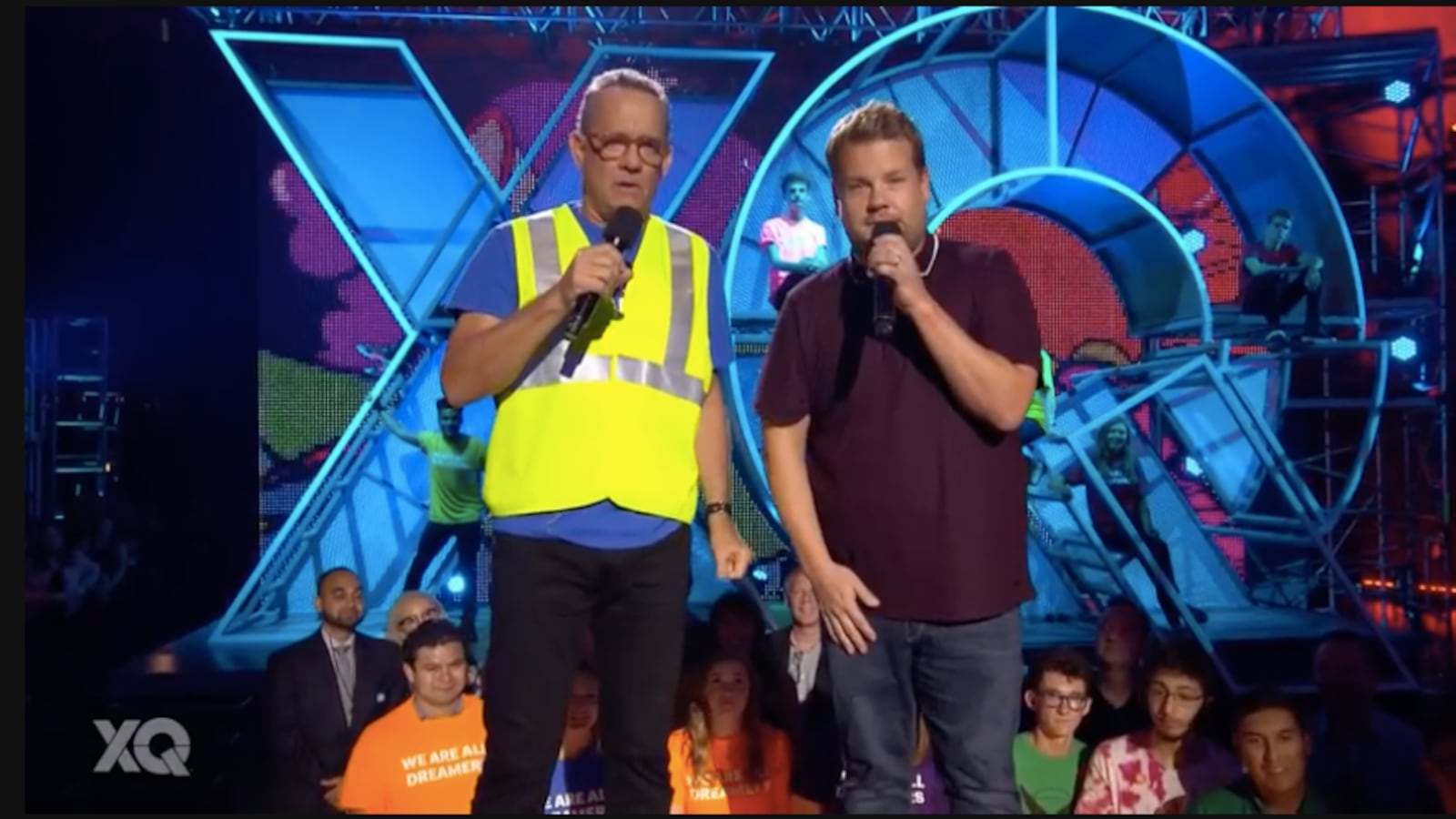 Tom Hanks and James Corden during XQ's TV special, "Super School Live."