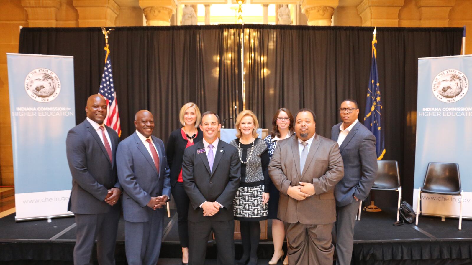 Representatives from Indiana University, the Indiana Black Expo and the Indiana Commission for Higher Education at the announcement Monday.