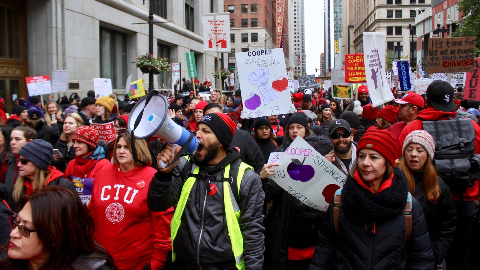 Chicago Teachers Union members rallied in downtown Chicago on the fifth day of their strike, Oct. 23, 2019.