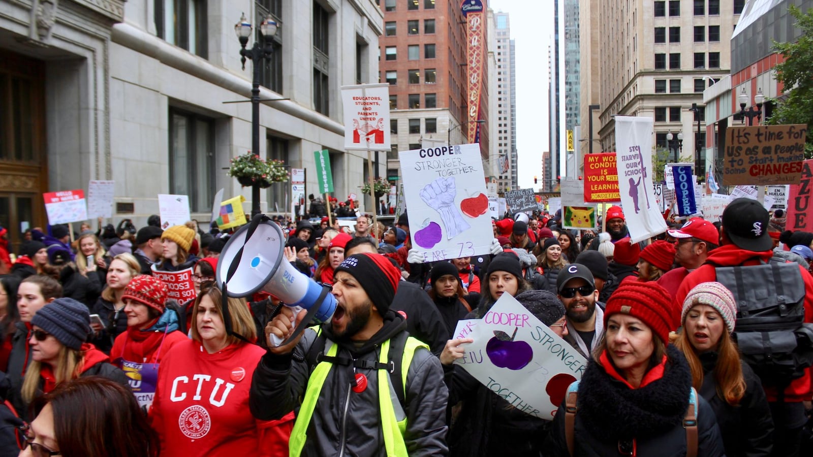 Chicago Teachers Union members rallied in downtown Chicago on the fifth day of their strike, Oct. 23, 2019.