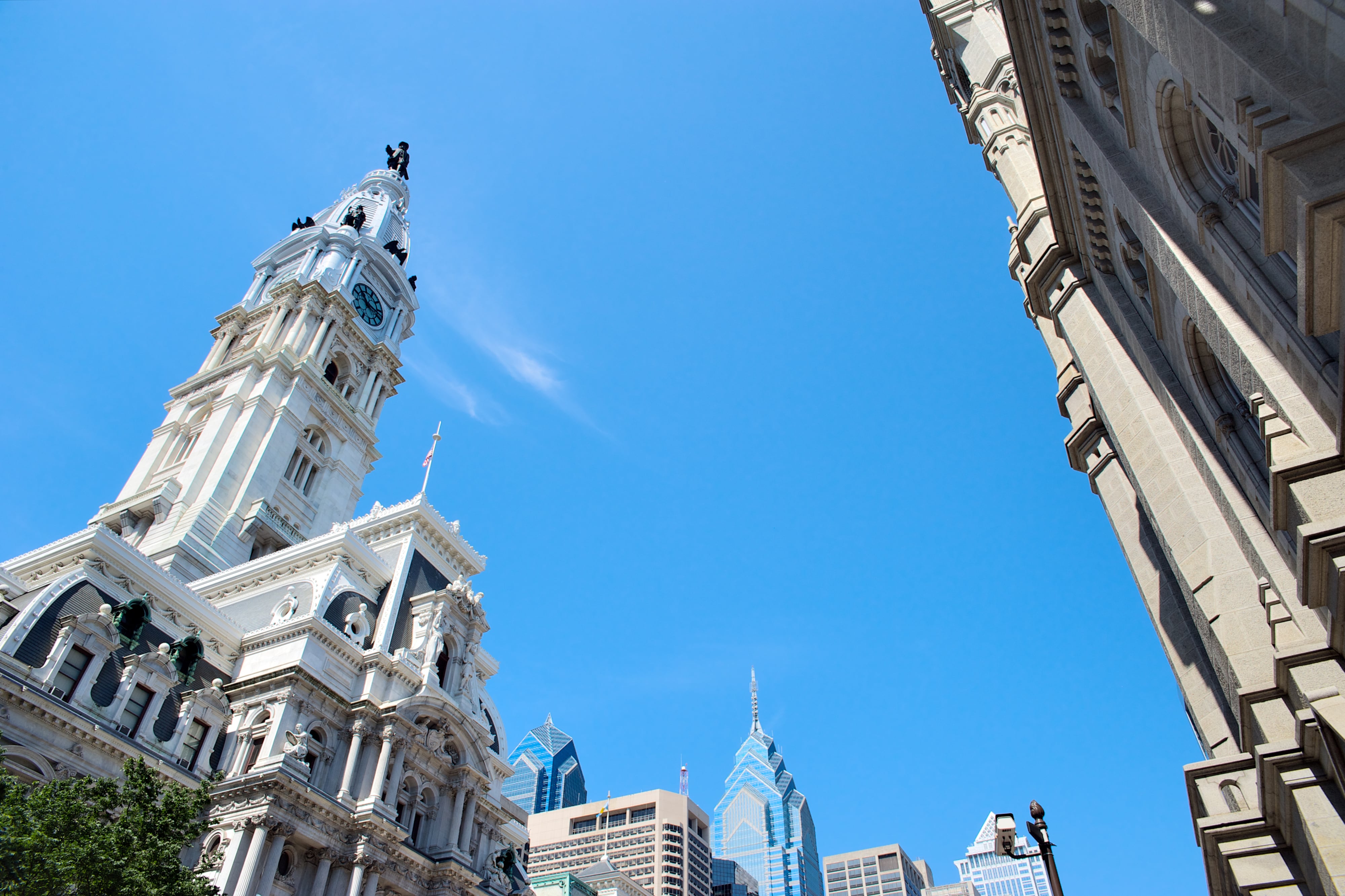 A clear blue sky over the clock tower of Philadelphia’s City Hall in Center City.