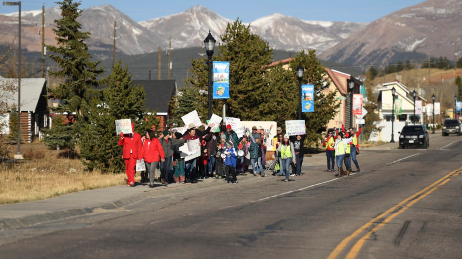 Park County School District teachers strike on Oct. 14, 2019, in Fairplay, Colorado.