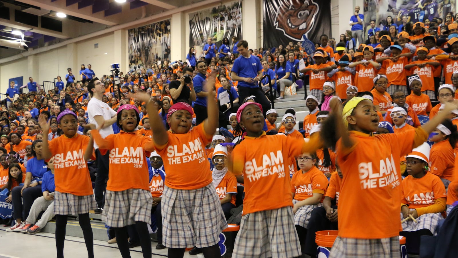 A group of students performed at Success Academy's "slam the exam" rally.