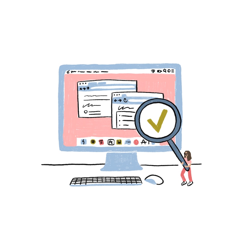 An illustration of a desktop computer with a person holding up a magnifying glass to the screen.