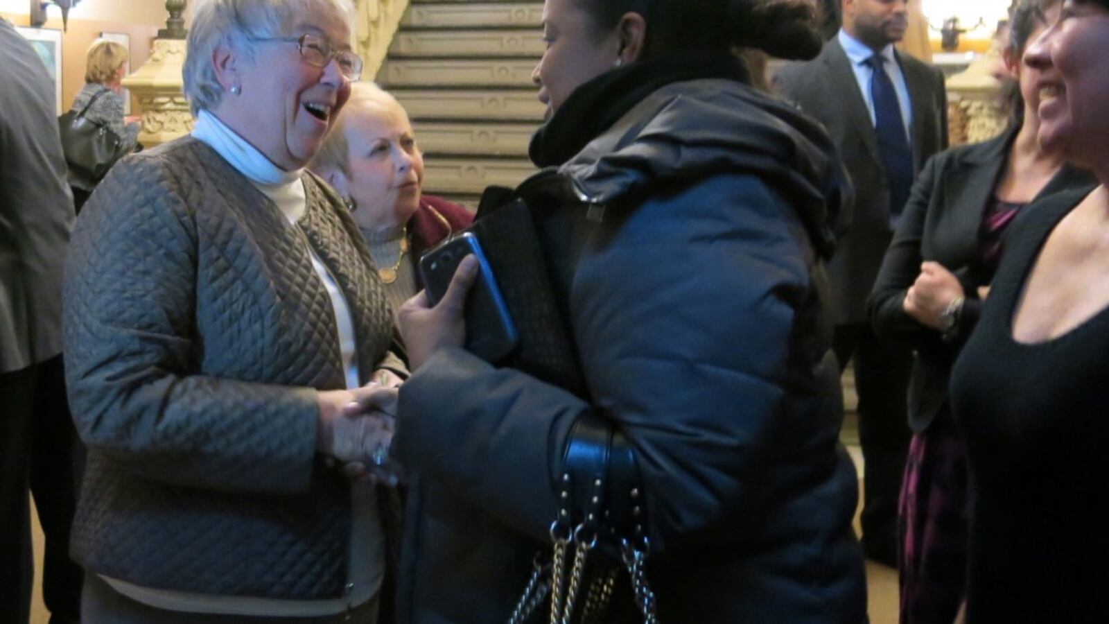 Chancellor Carmen Fariña greeted members of her staff at Department of Education headquarters today.