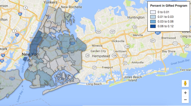 Here are the New York City school districts with the highest and lowest percentages of students in gifted programs