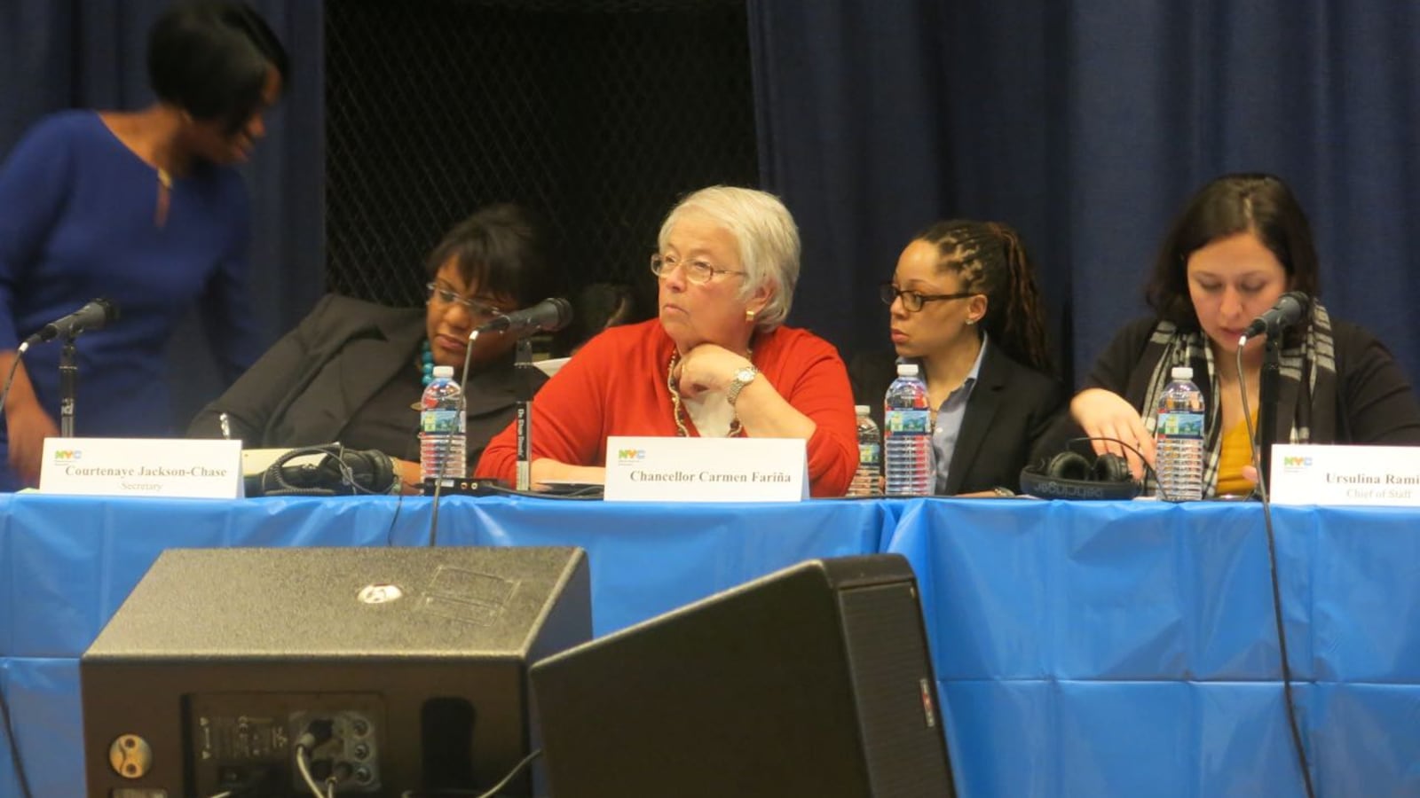 Chancellor Carmen Fariña listens to community members weigh in co-location proposals at the Feb. 25 Panel for Educational Policy meeting.