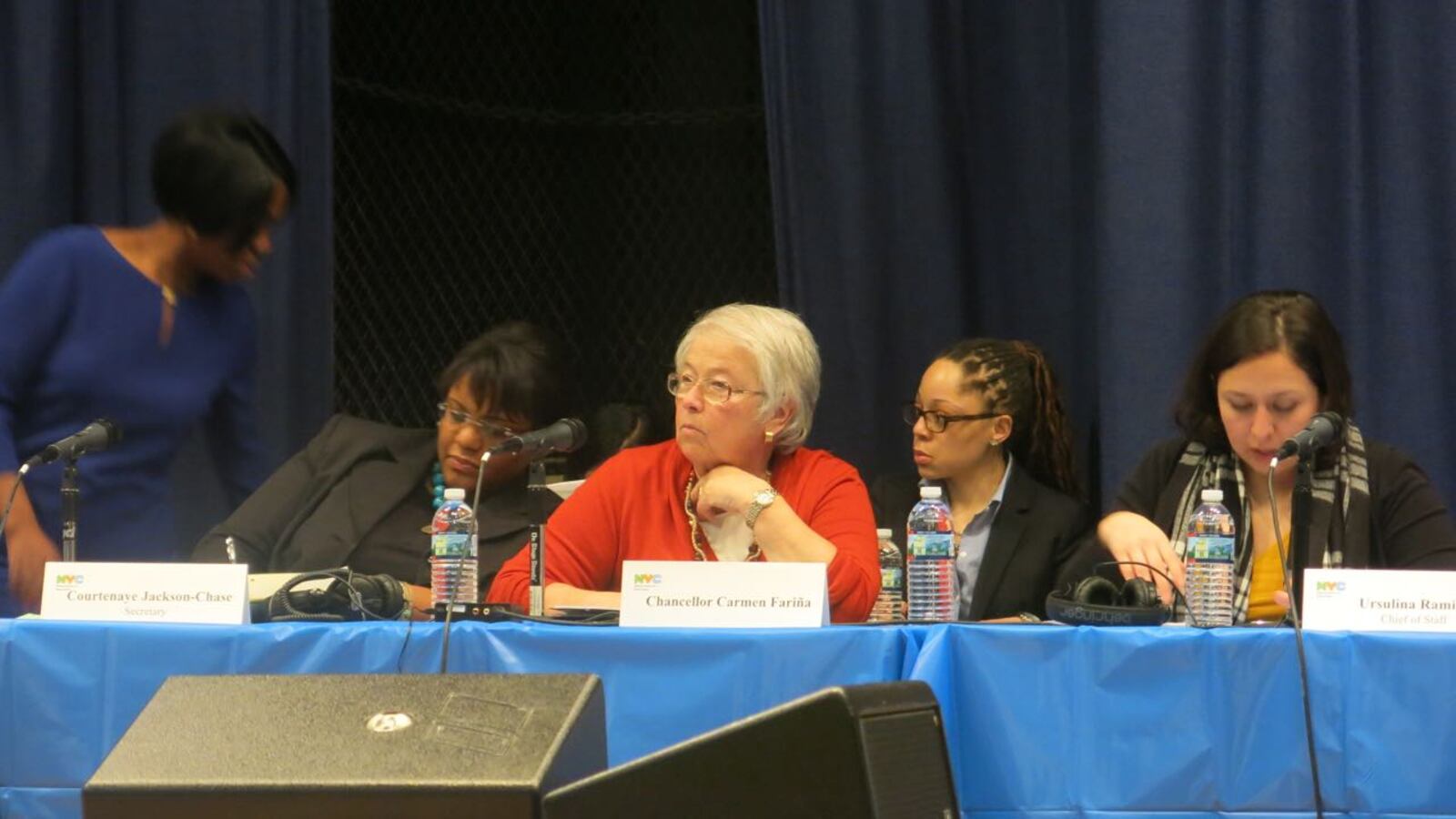 Chancellor Carmen Fariña listens to community members weigh in co-location proposals at the Feb. 25 Panel for Educational Policy meeting.