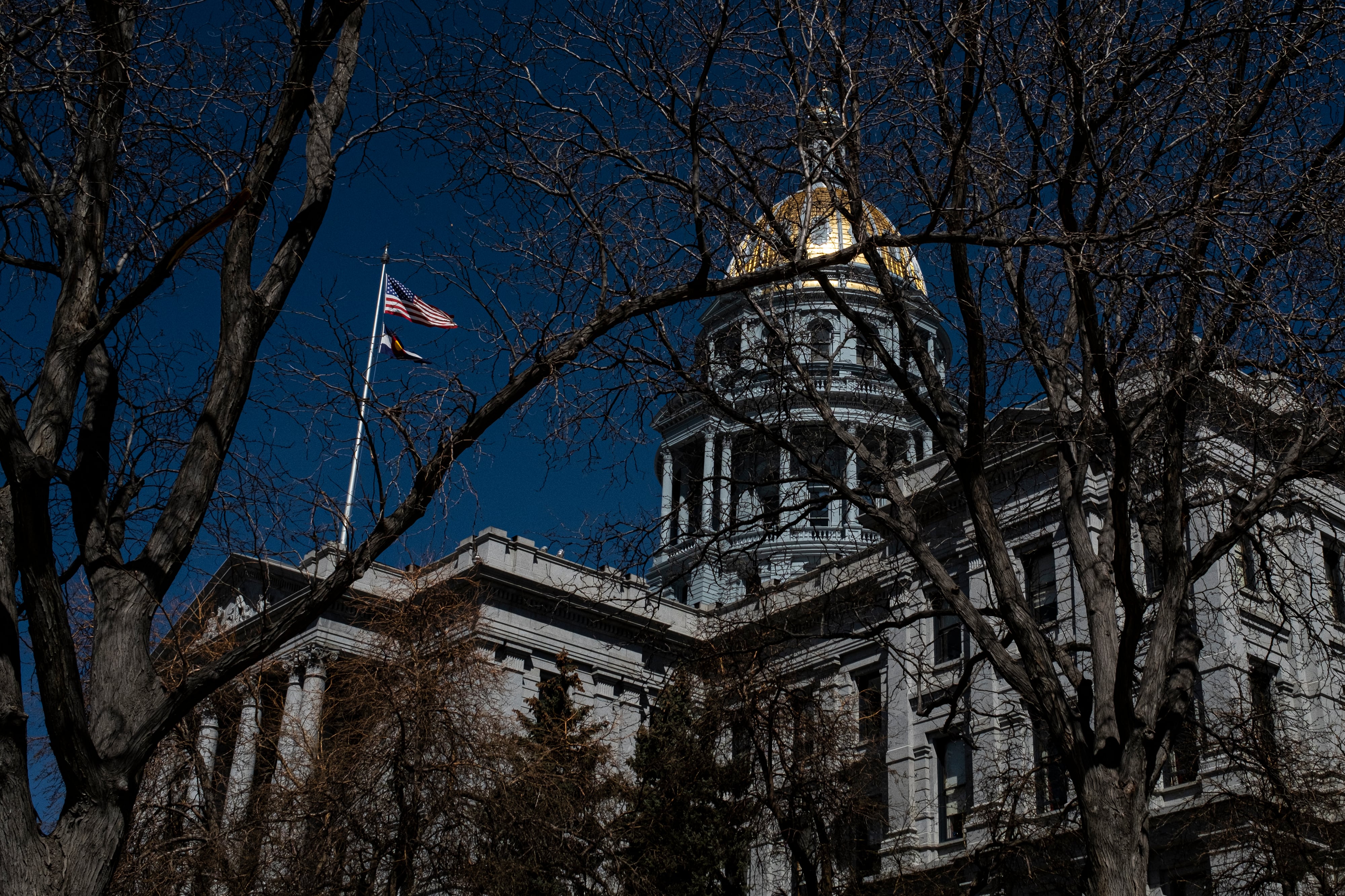 The Colorado Capitol with its golden dome is seen behind bare tree branches and against a blue sky. An American flag flies from the rooftop.