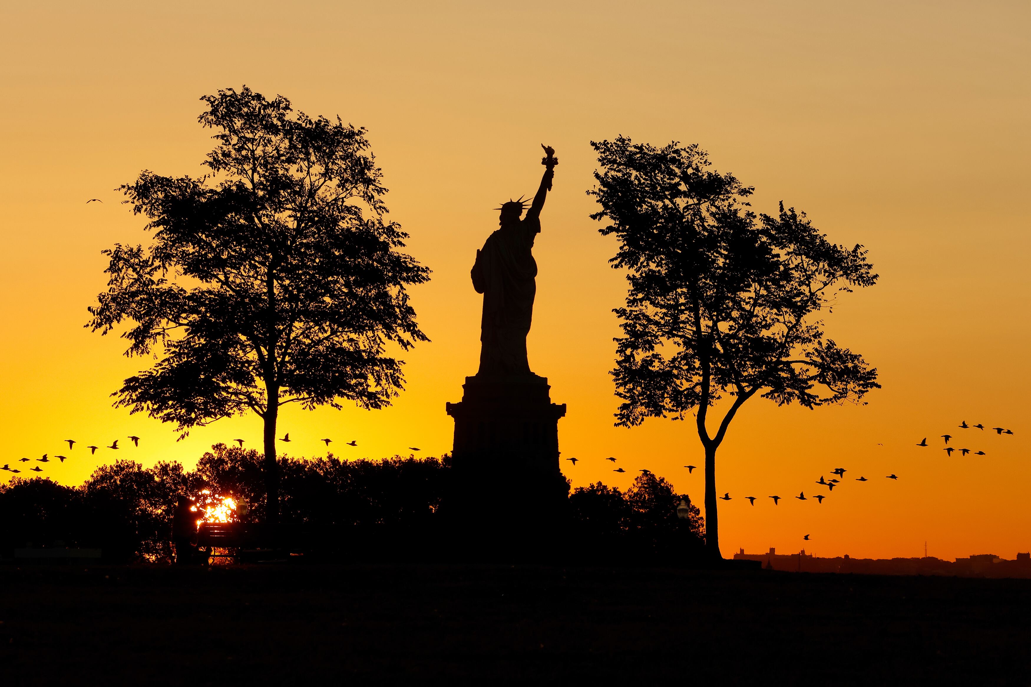A large flock of birds fly by the Statue of Liberty while the sunrises. everything is in silhouette.