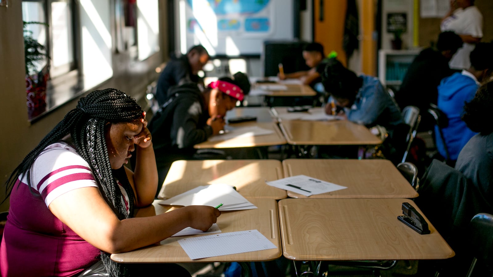 Students at work in a math class at Southeastern High School in Detroit.