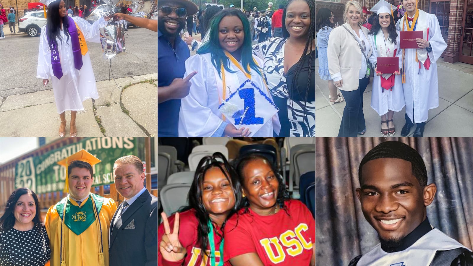 A collage grid shows six high school graduates celebrating their big day.