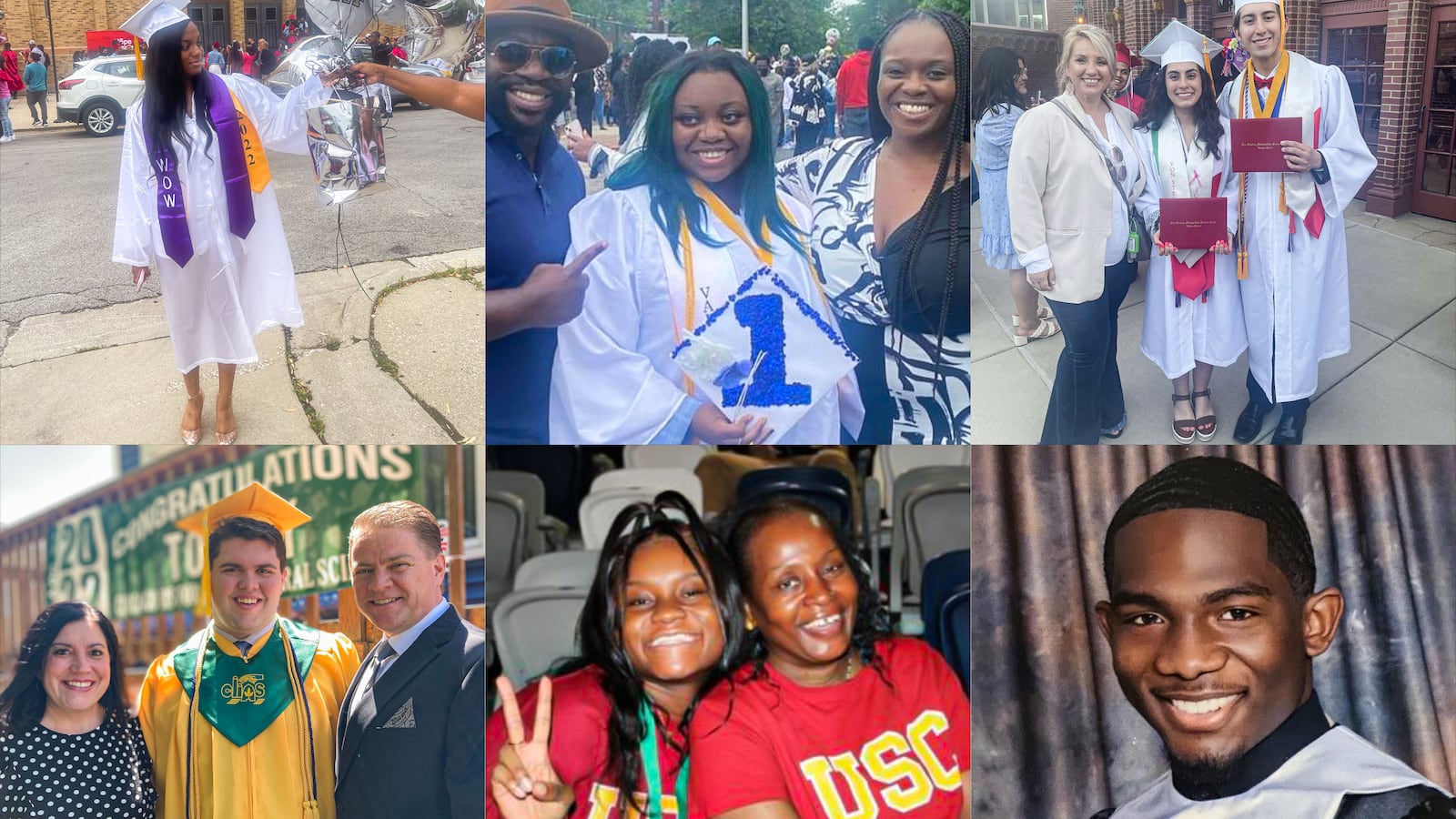 A collage grid shows six high school graduates celebrating their big day.