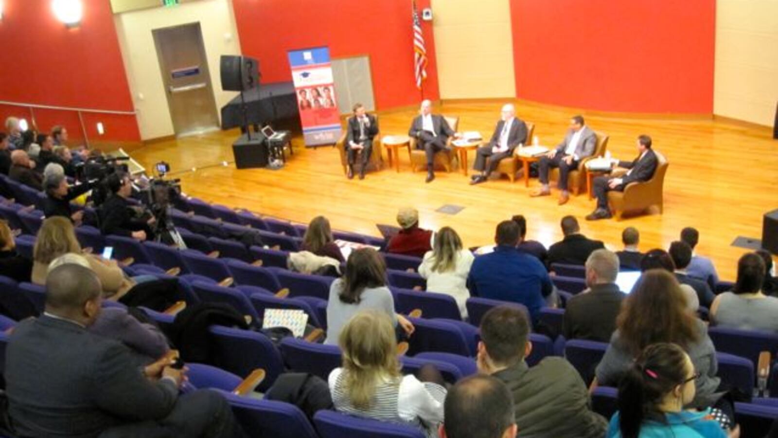 Indiana House Speaker Brian Bosma, House Ways and Means Committee Chairman Tim Brown, Indianapolis Public Schools Superintendent Lewis Ferebee and Northwest Allen County Schools Superintendent Chris Himsel talk school funding at a Chalkbeat-sponsored event Thursday.