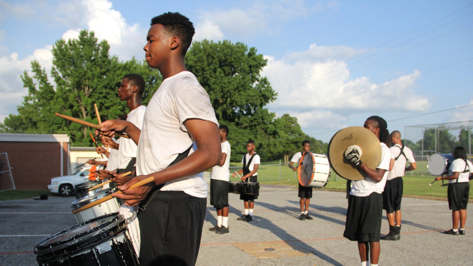 A drum line practices for the Fairley High School marching band in Memphis