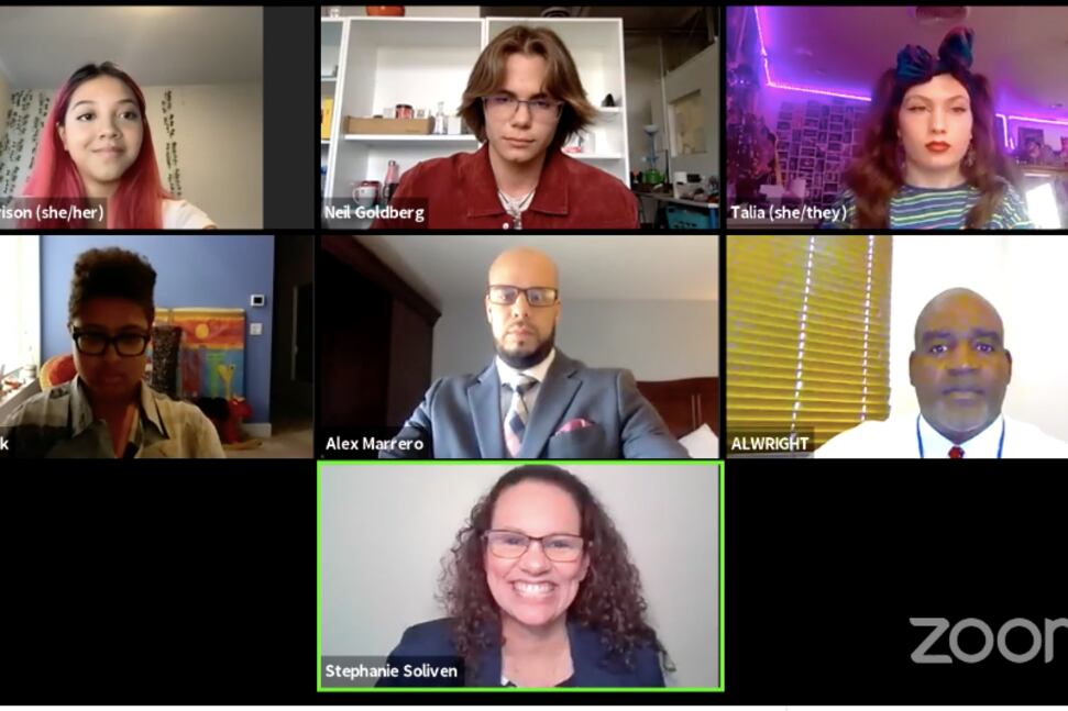 A screenshot of a Zoom call with seven people. Four of the people are high school students. Three of the people are adults.