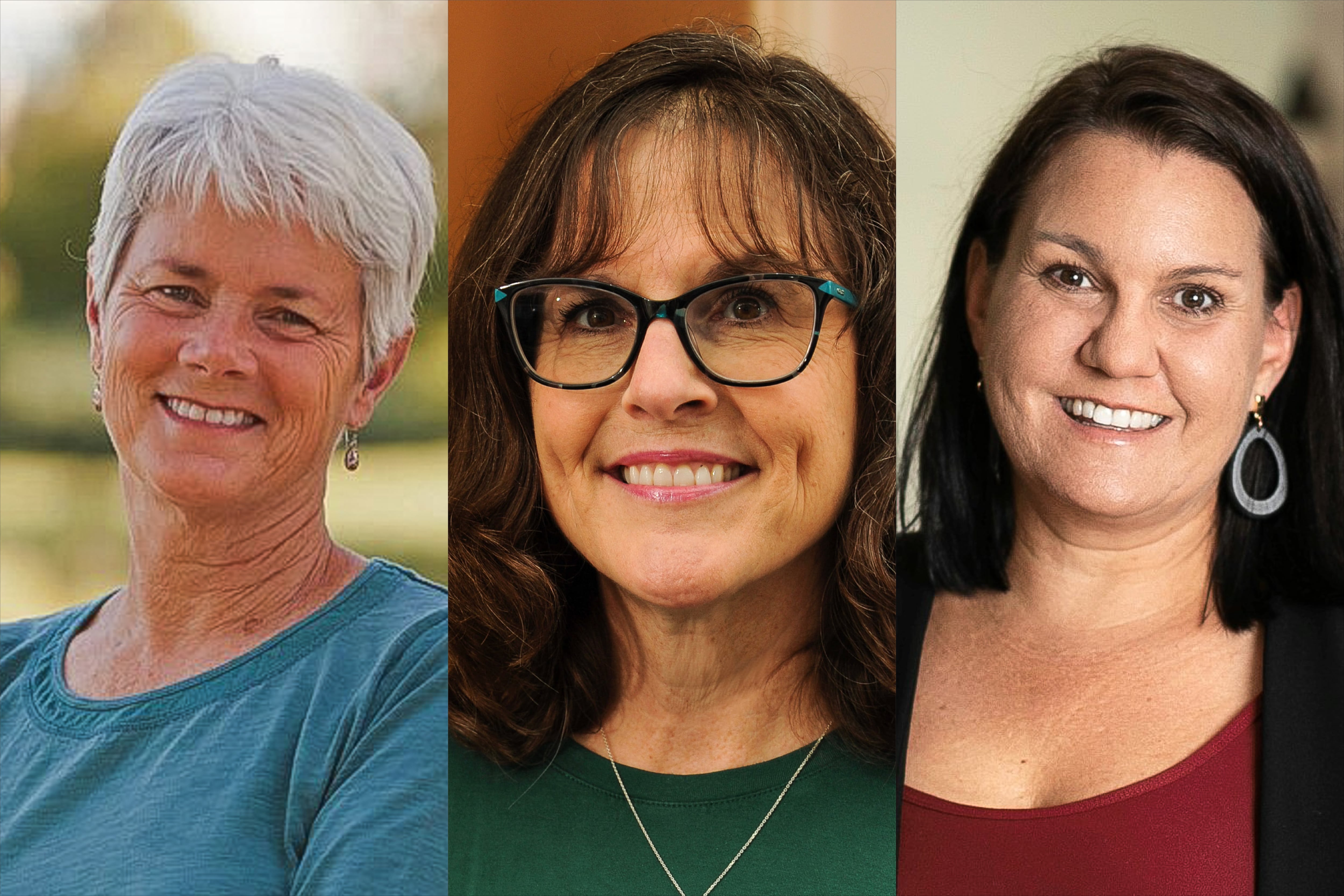 (Left) A woman with short gray hair smiles during a posed portrait, wearing a blue blouse. (Center) A woman with wavy brown hair and glasses smiles for a portrait, wearing a green shirt and gold necklace. (Right) A woman with long brown hair, hooped earrings, and a red blouse smiles during a posed portrait.