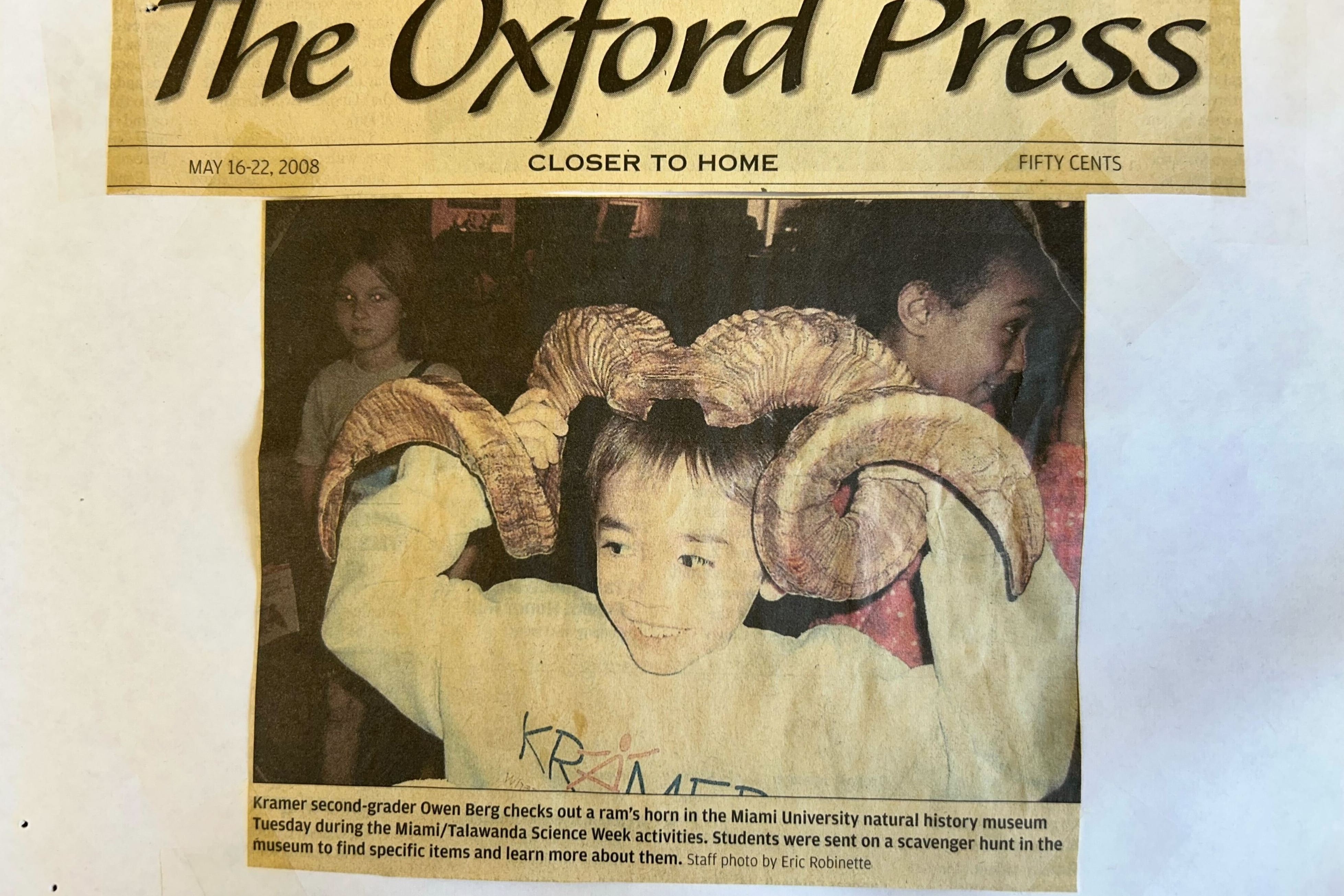 Owen Berg on the front page of The Oxford Press in 2008.