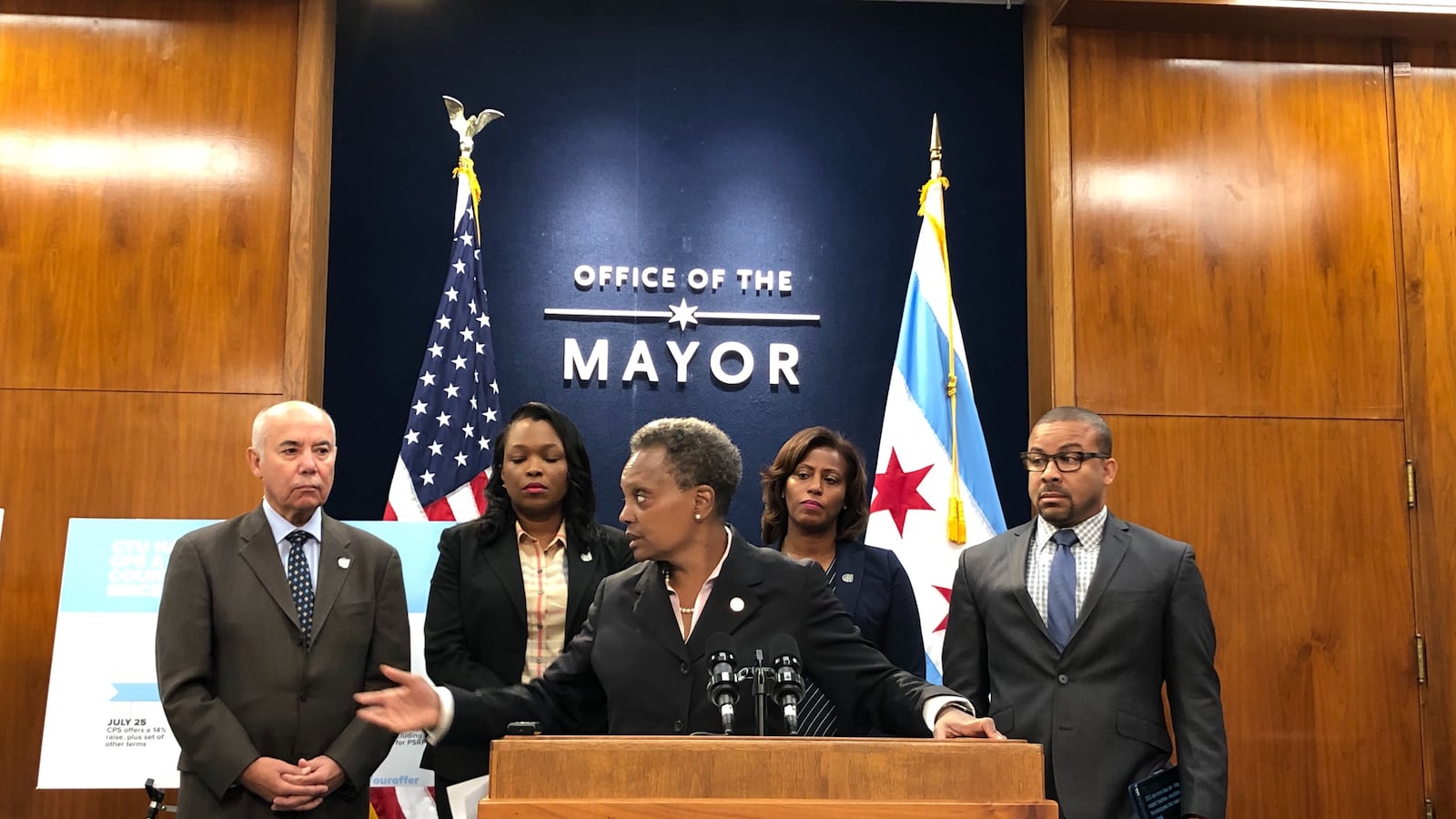 Chicago Mayor Lori Lightfoot discusses teacher contract negotiations on Oct. 7, 2019. Behind her, from left, are Chicago school board President Miguel del Valle, schools chief Janice Jackson, Chief Education Officer LaTanya McDade, and Alderman Michael Scott Jr.