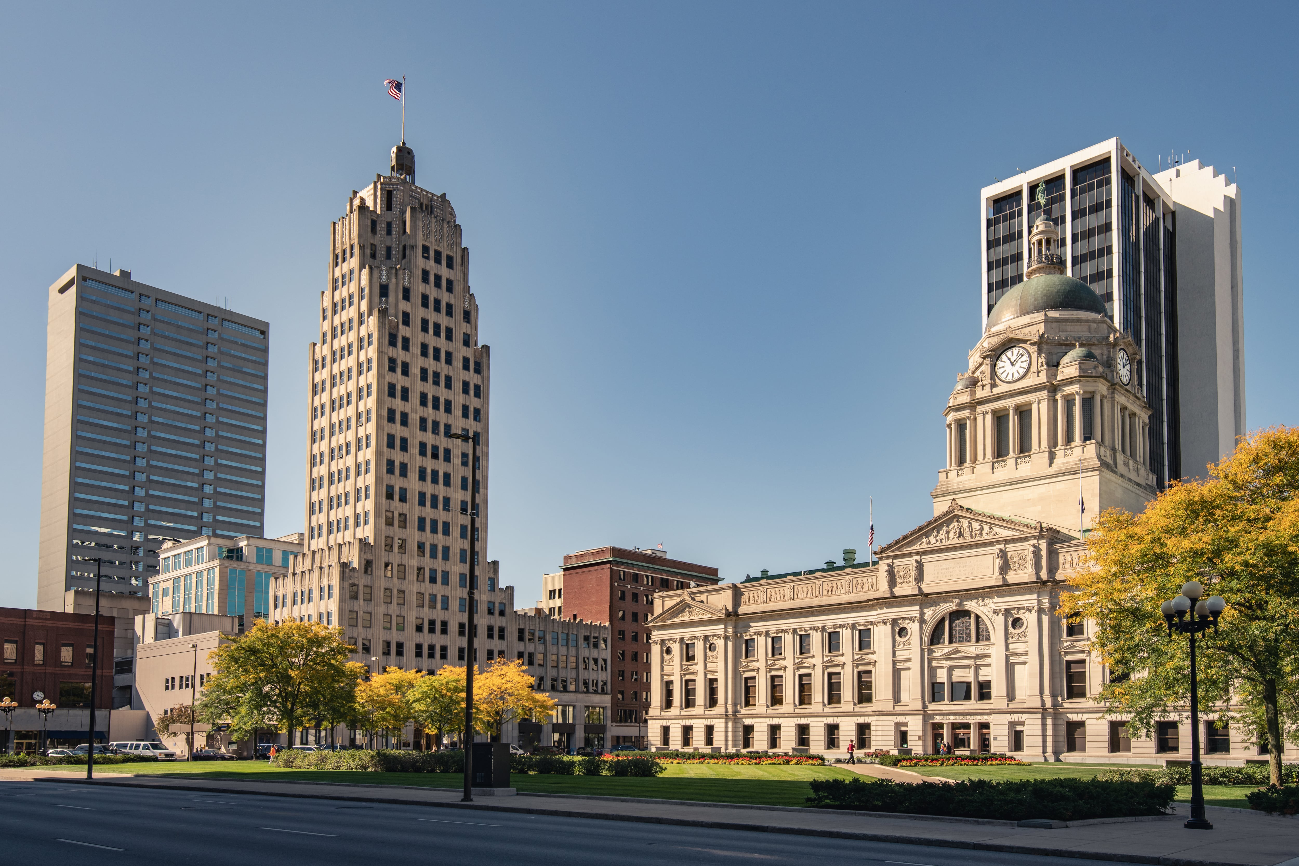 A downtown scene with high rises.