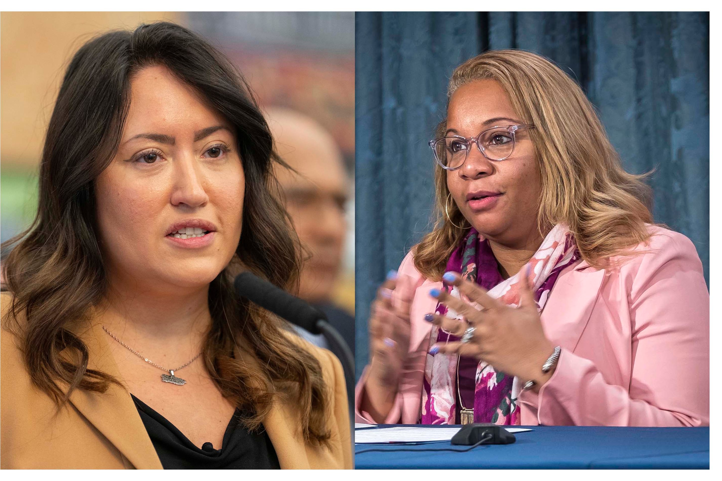 A photograph of two portraits of women side by side.