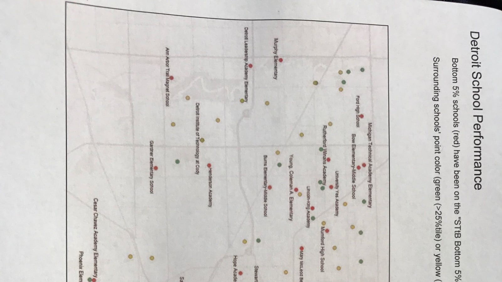 This map of Detroit schools and their rankings was shared at a meeting of community and education leaders.