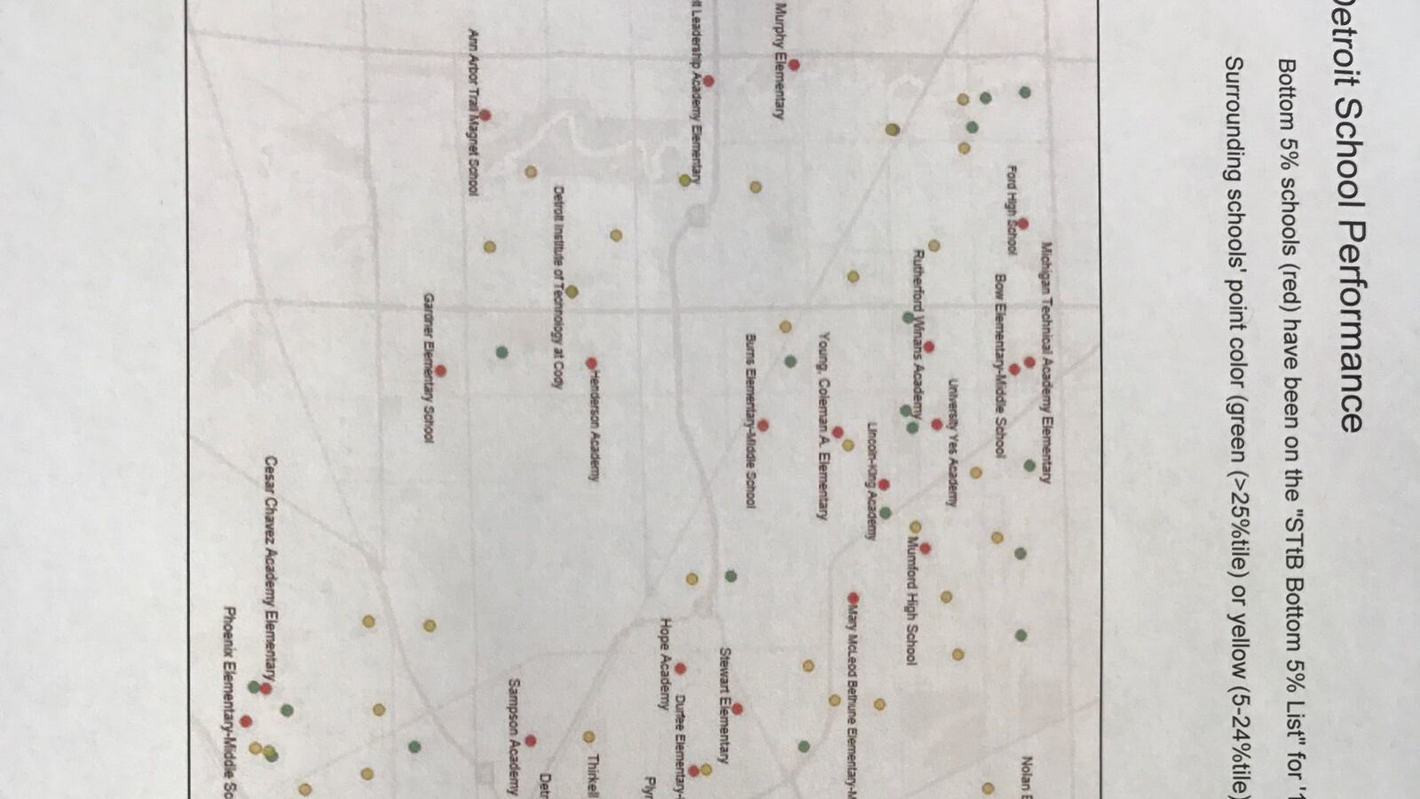 This map of Detroit schools and their rankings was shared at a meeting of community and education leaders.