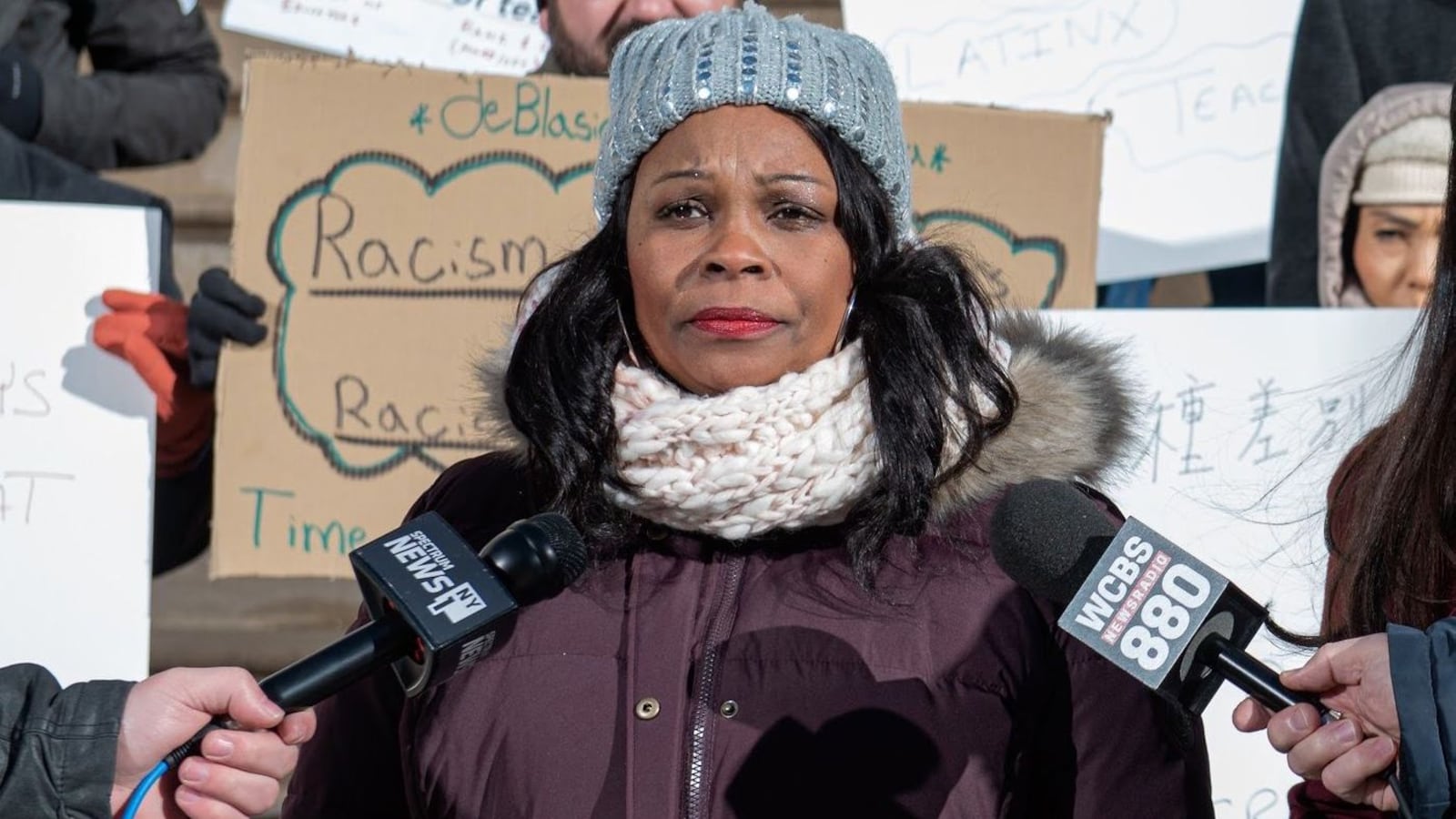 Former Pan American International High School teacher, Lisa-Erika James holds a press conference at City Hall about a lawsuit against the Department of Education, Jan. 20, 2020