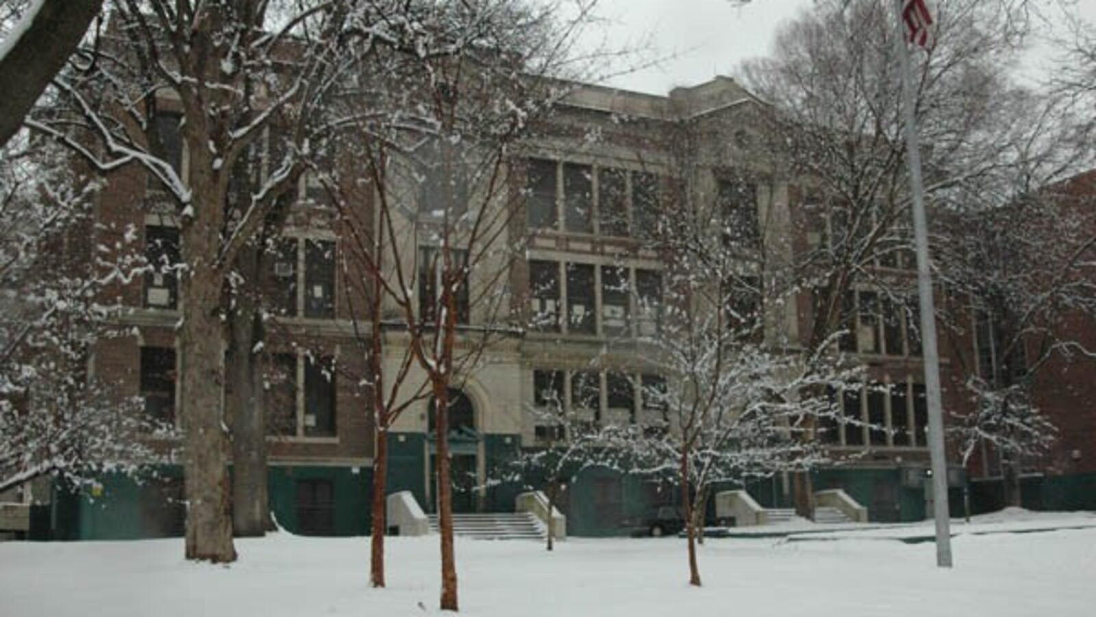 Exterior of Germantown High in the winter snow.