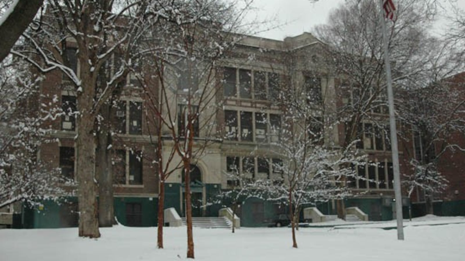 Exterior of Germantown High in the winter snow.