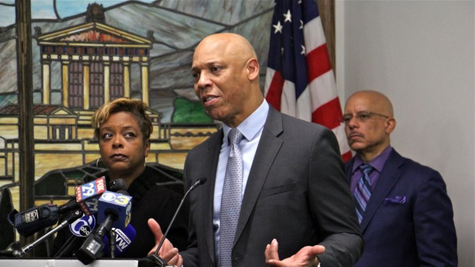 School District of Philadelphia Superintendent William Hite speaking into a microphone during a press conference.