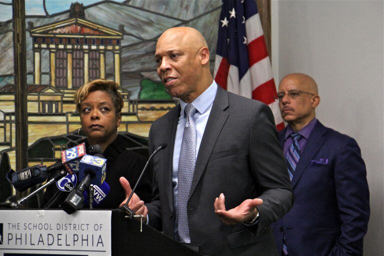 School District of Philadelphia Superintendent William Hite speaking into a microphone during a press conference.