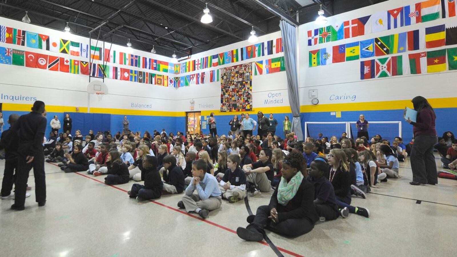 Students gather in the gym on a Wednesday morning in February at IPS School 27, a Center For Inquiry magnet school.
