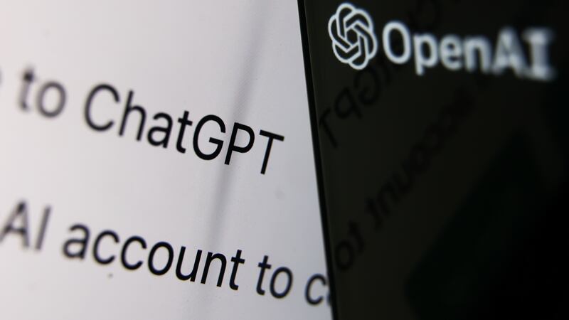 Black and white lettering reading “ChatGPT” and “OpenAI”