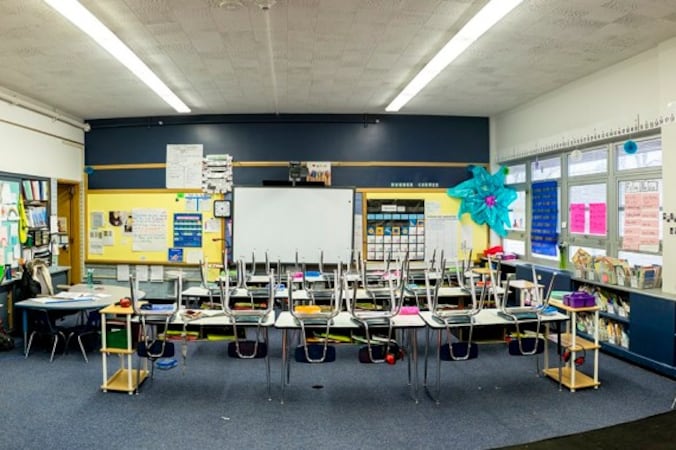 An empty classroom at Goldrick Elementary School, Dec. 7, 2017.