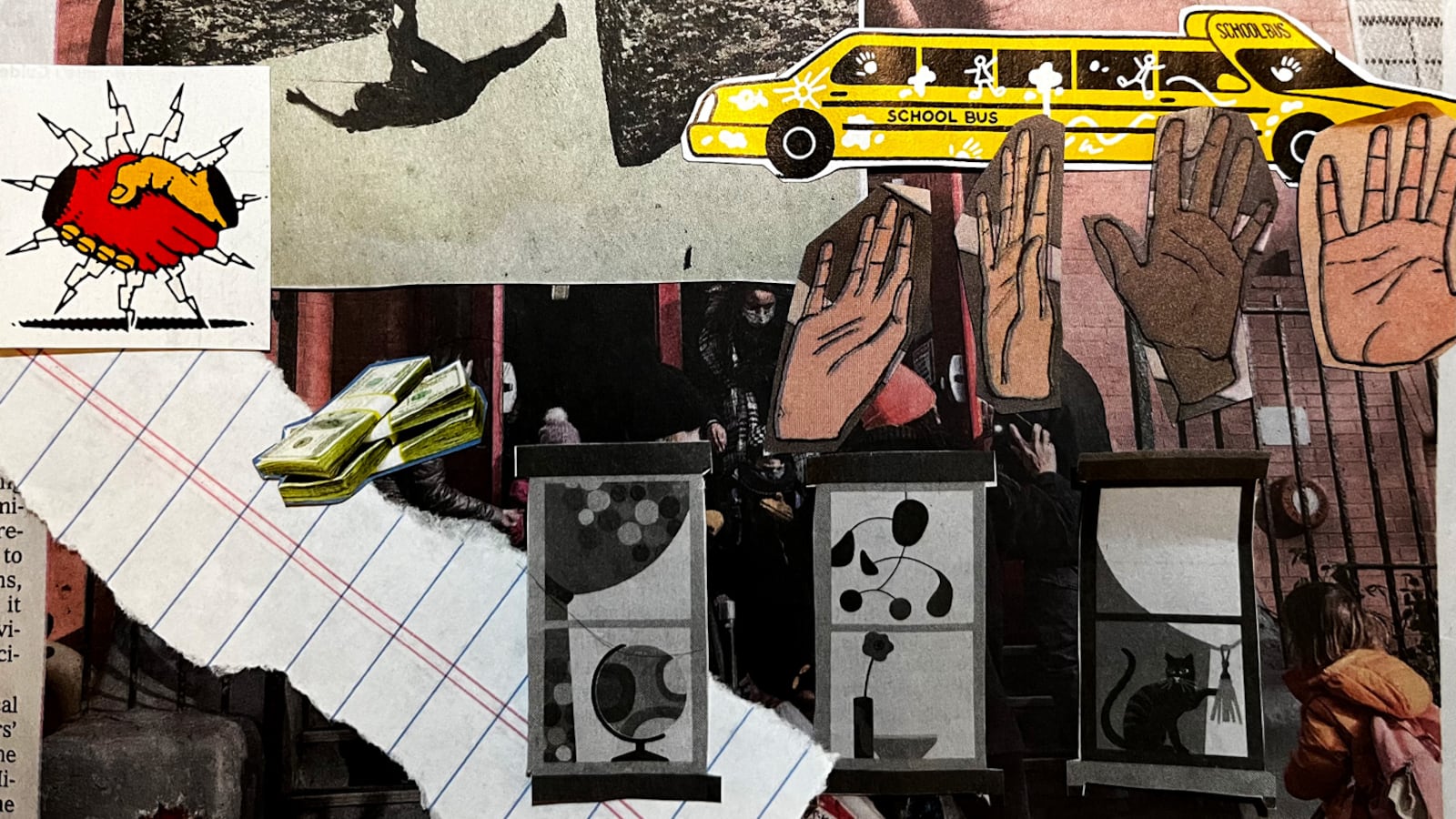 A several-illustration collage with student’s raised hands, school buses, notebook paper, and money, among other drawings.