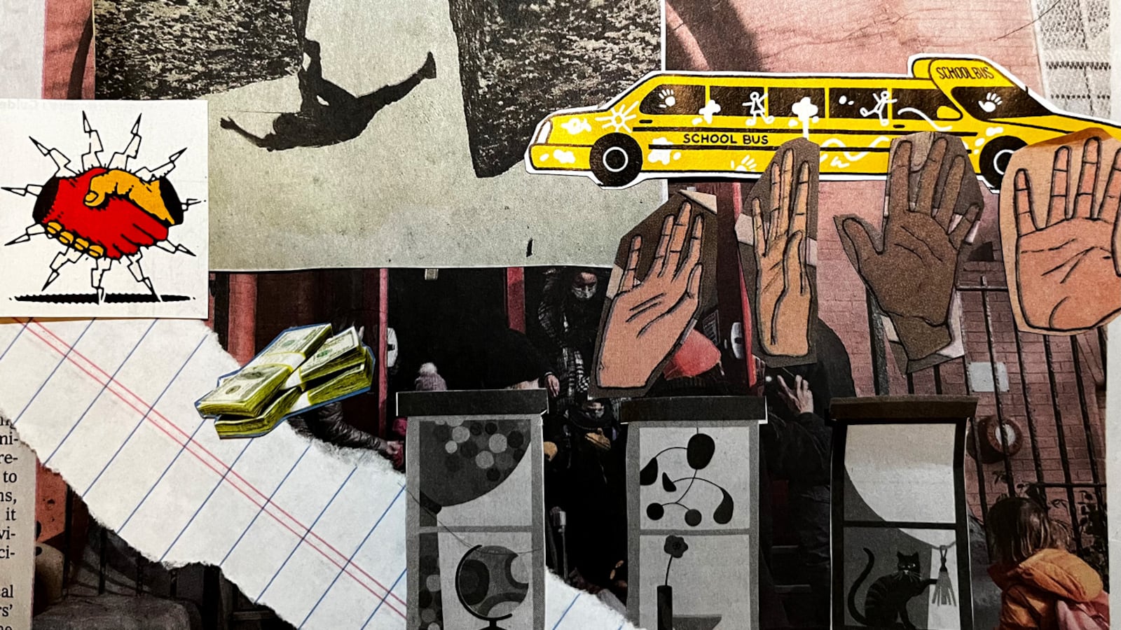 A several-illustration collage with student’s raised hands, school buses, notebook paper, and money, among other drawings.