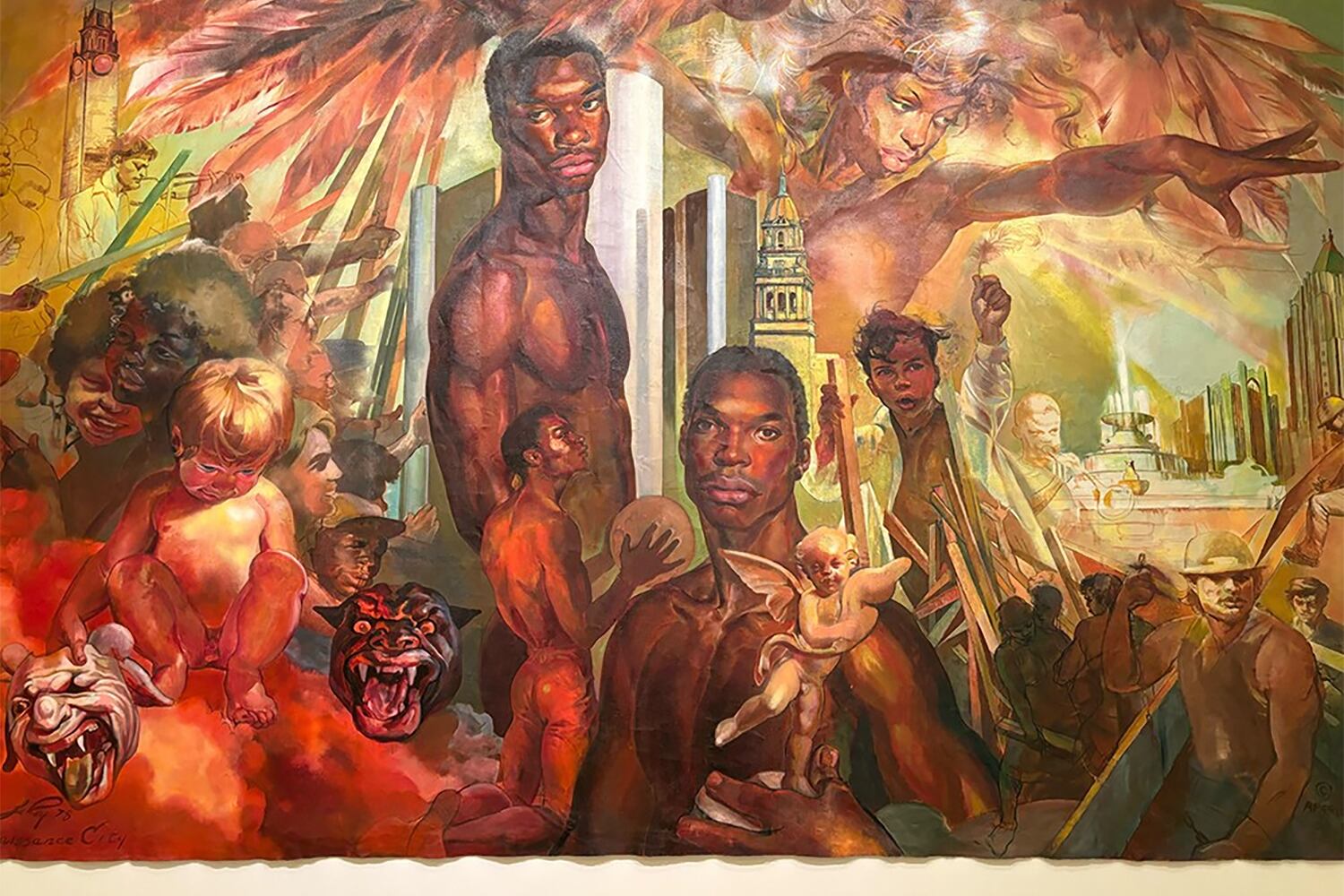 LeRoy Foster's painting showing multiple Black men and other people with Detroit buildings and feathers in the background.
