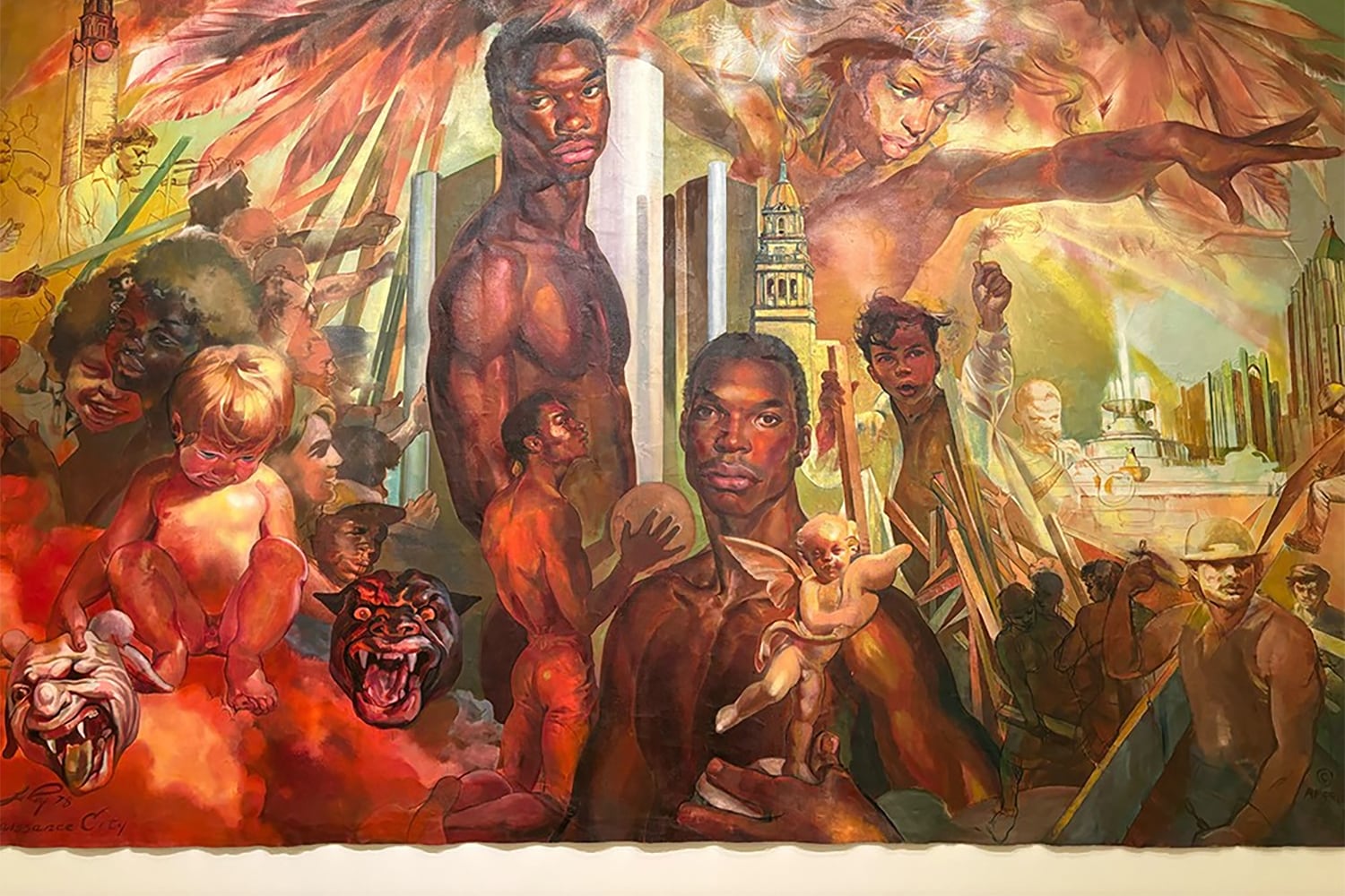 LeRoy Foster's painting showing multiple Black men and other people with Detroit buildings and feathers in the background.