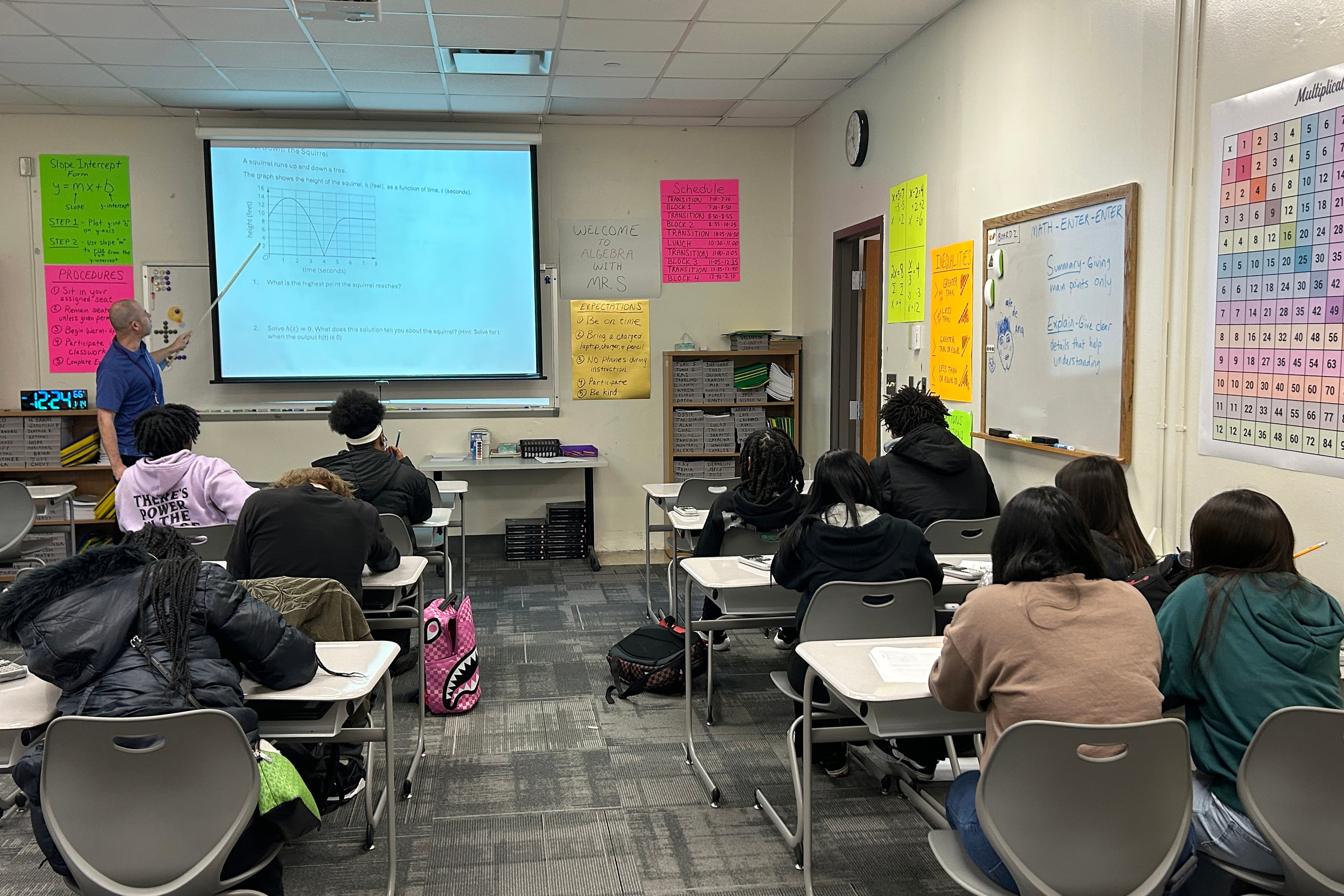A photograph of a teacher pointing with a long ruler at a projector screen while a room full of high school students sit at their desks in a classroom.