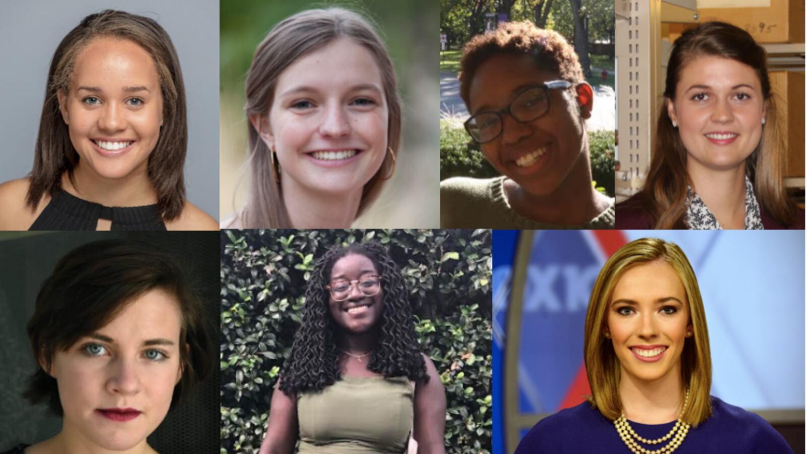 Chalkbeat's 2019 summer interns. Clockwise, starting in the upper left: Camille Respess, Caity Henderson, Imani Harris, Kathryn Palmer, Kati Weis, Zipporah Osei, Erica Irish