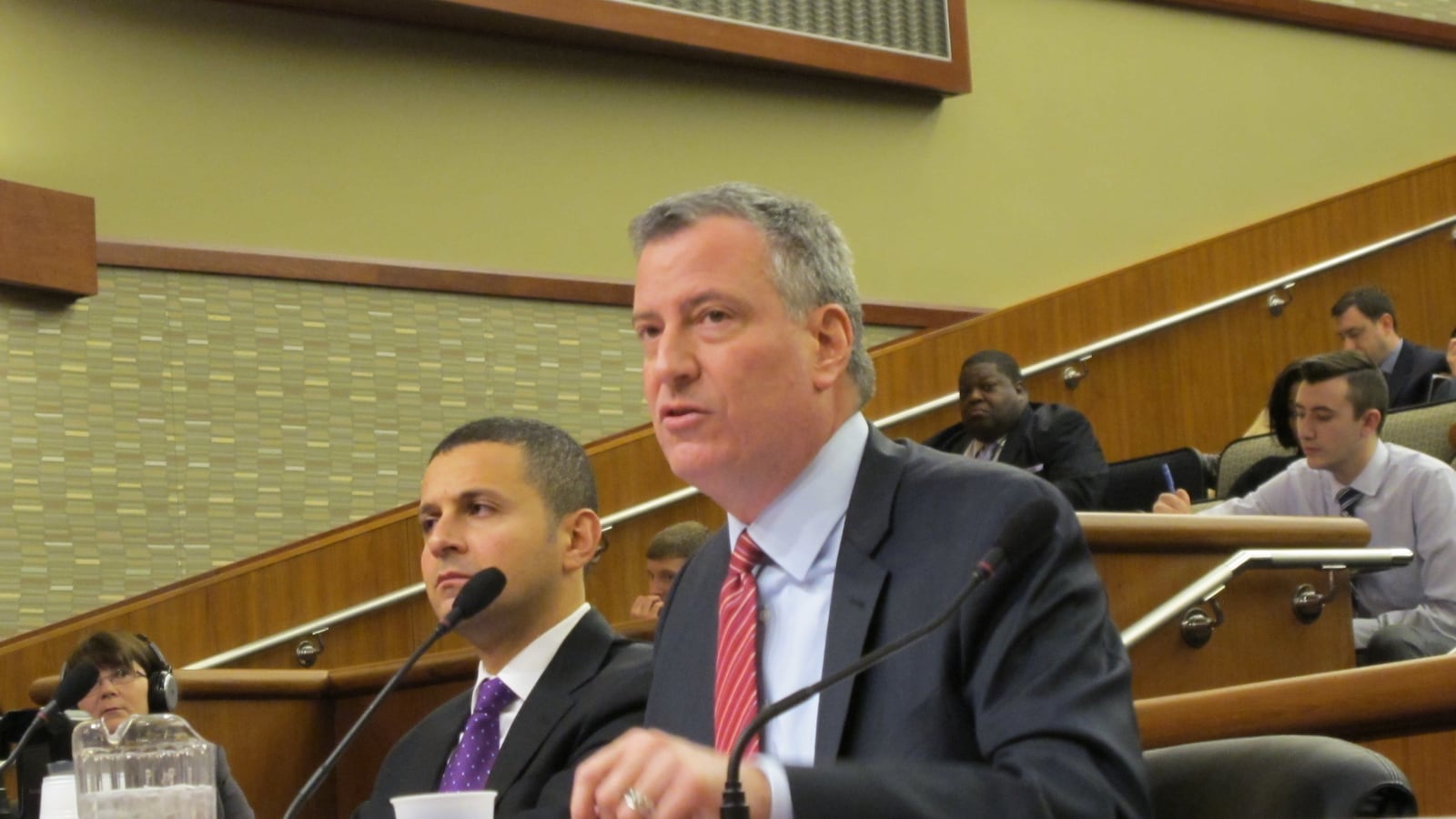 De Blasio testifying in  Albany in support of renewing mayoral control in February.