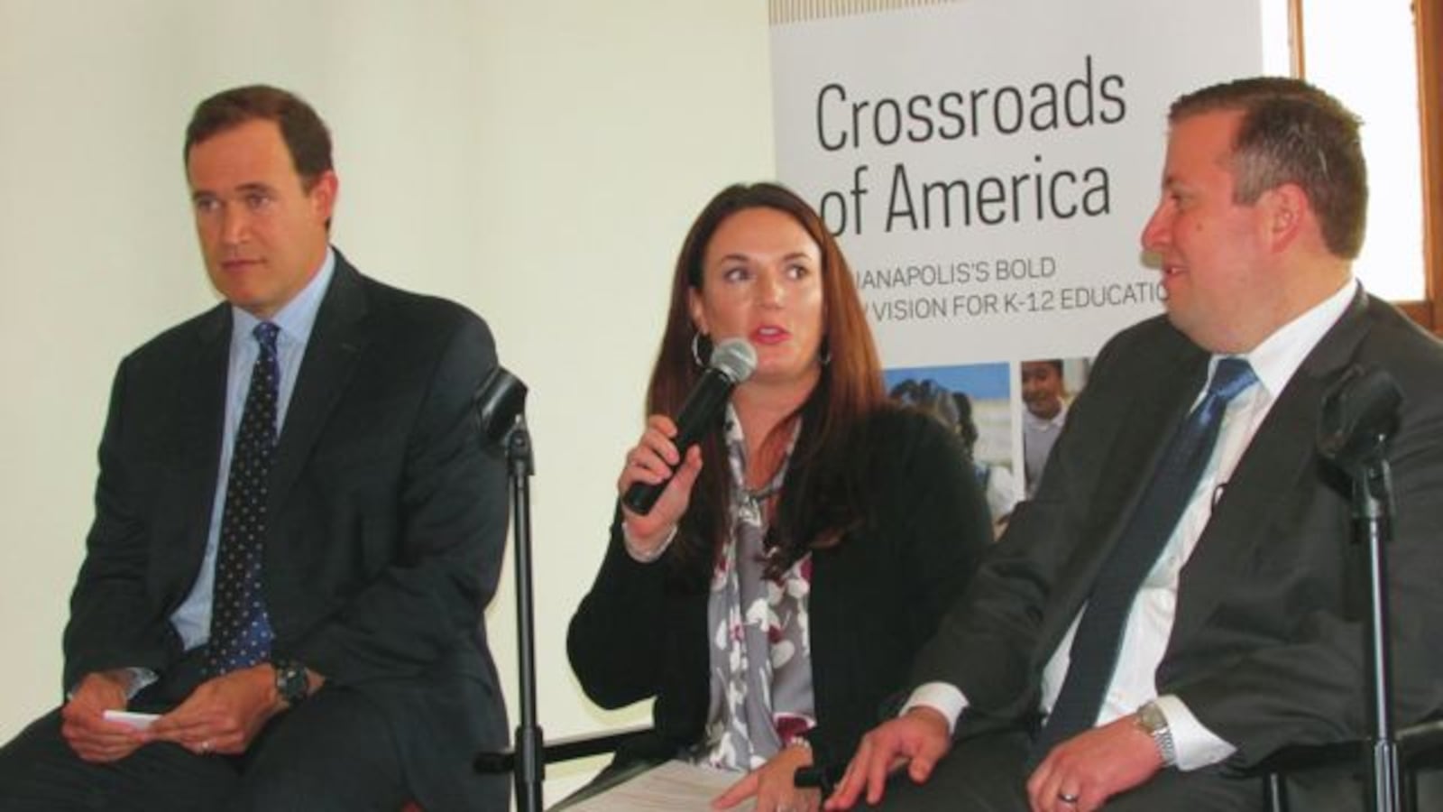 Mind Trust CEO David Harris, IPS curriculum officer Tammy Bowman and Deputy Mayor Jason Kloth discuss public, charter and private school cooperation at a panel sponsored by the University of Notre Dame’s Alliance for Catholic Education.