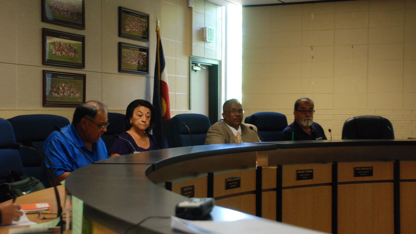 File photo of Adams 14 board of education. Timio Archuleta sits far right. (Photo by Nicholas Garcia)