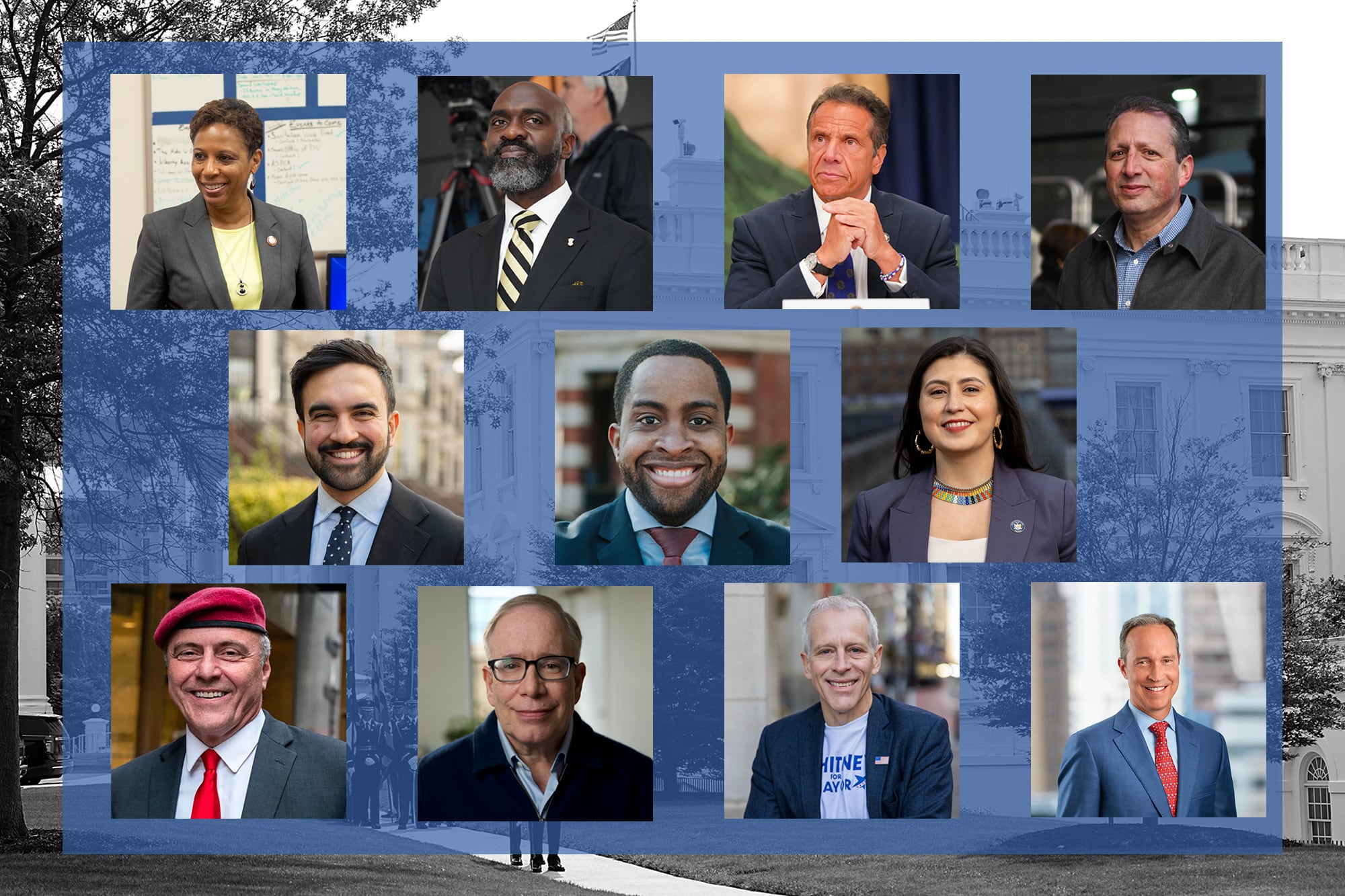 Eleven individual portraits on a transparent blue background on a black and white photograph of the white house.