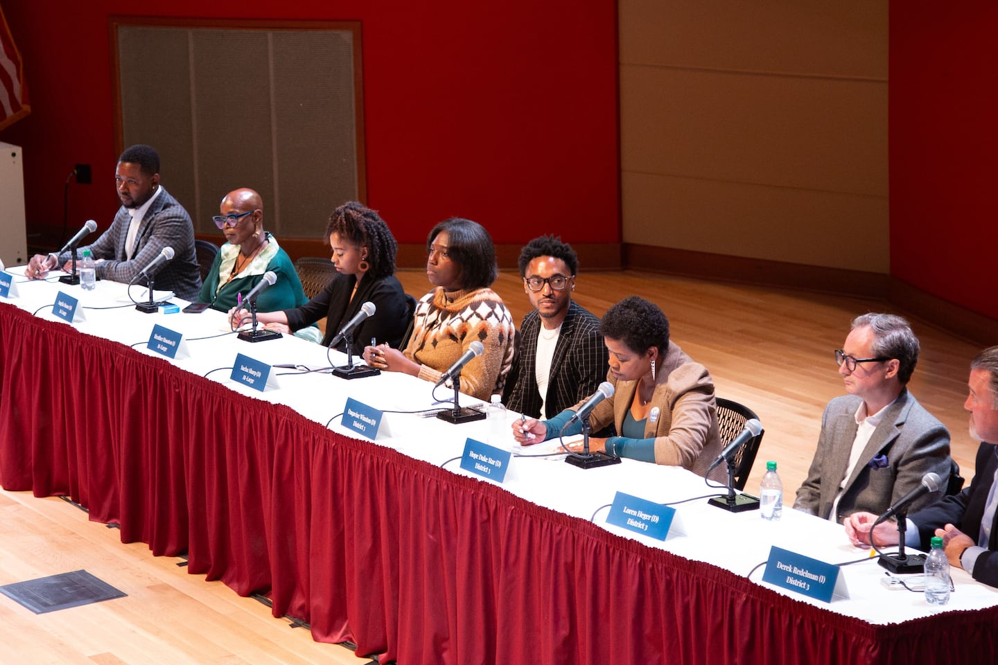 Candidates for the District 2, 4, and 5 seats on the Indianapolis Public Schools board at the WFYI and Chalkbeat Indiana forum on Monday, Oct. 19, 2026, at Indianapolis Public Library's Central Library.