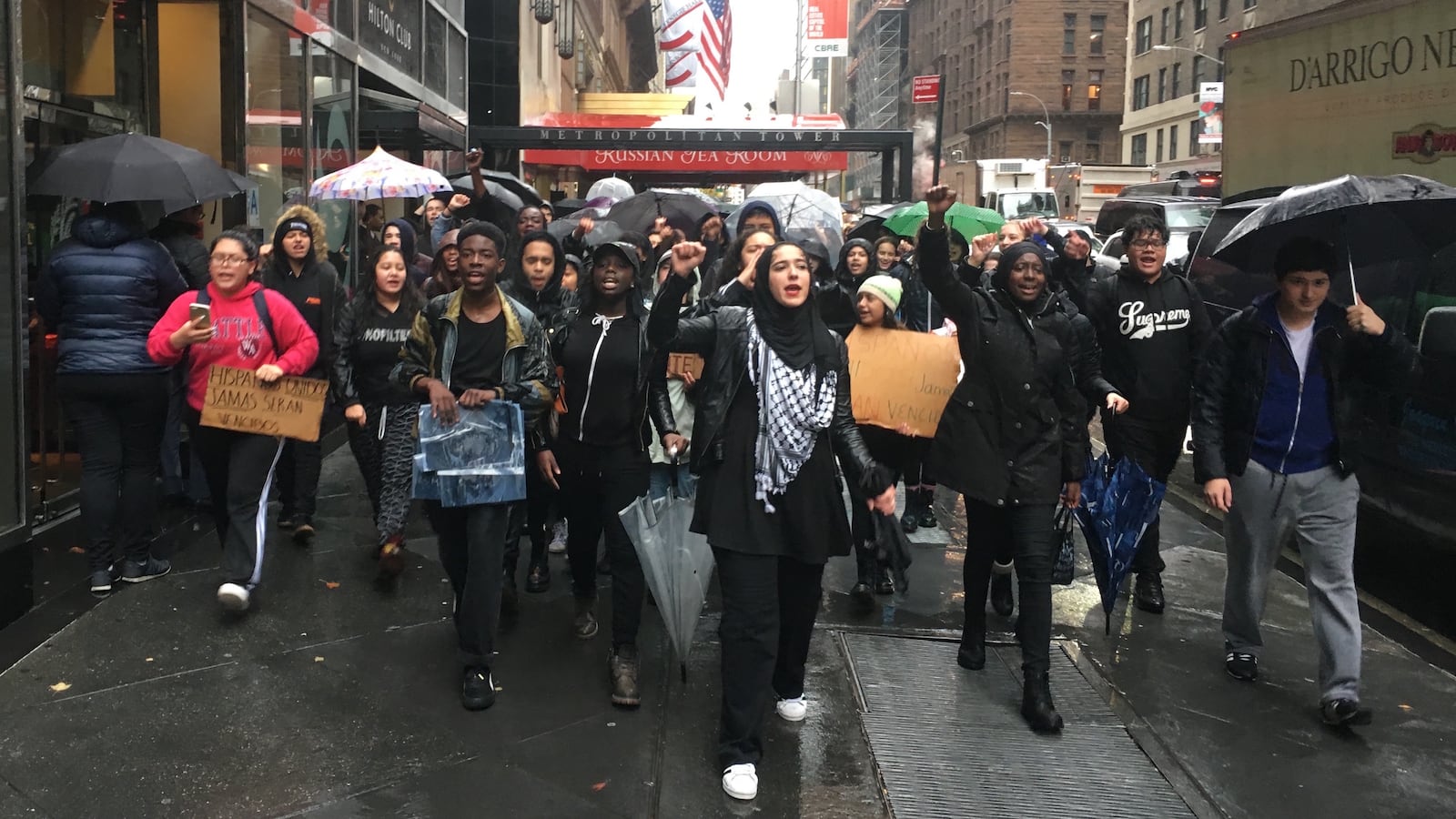 New York City students walk out of class and march to Trump Tower to protest the results of the presidential election.