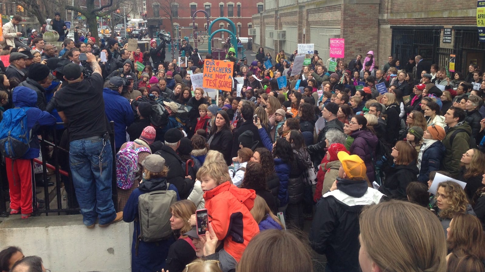 A protest in 2014 at P.S. 321 in Park Slope against the state English exams.