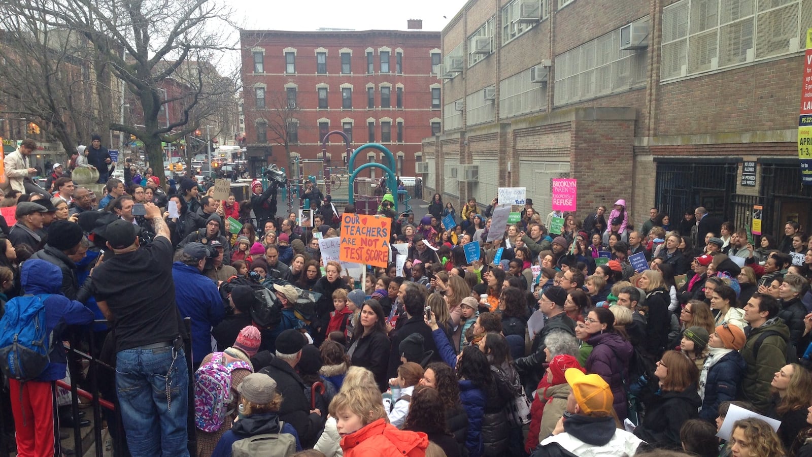 A protest in 2014 at P.S. 321 in Park Slope against the state English exams.